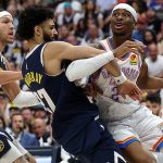 Shai Gilgeous-Alexander dribbles past Jamal Murray during 2025 NBA Western Conference playoff game