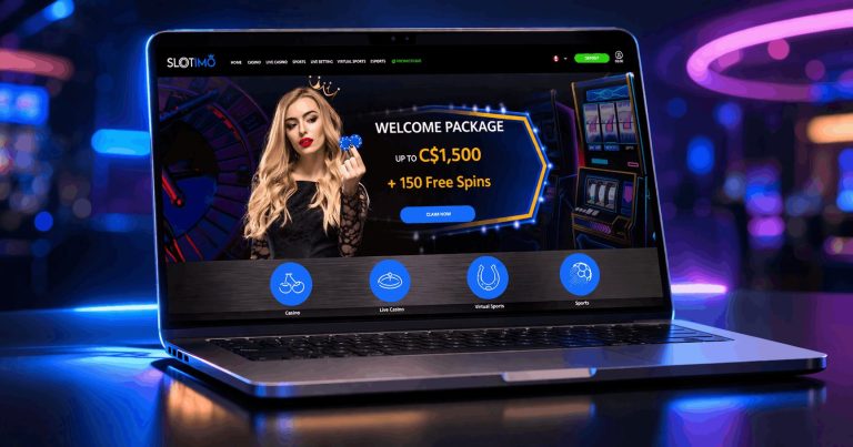 Slotimo Casino Canada homepage on laptop screen with welcome bonus and online casino interface