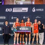 Canadian women's 3x3 basketball team celebrating with winners sign after clinching Shanghai series title in overtime