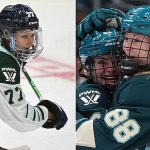 Composite image of PWHL forwards Susanna Tapani and Julia Gosling in action during basketball games
