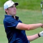 Ben James watches his approach shot on the 18th green during the second round of the Canadian Open in Caledon Ontario