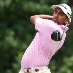 Golfer Sudarshan Yellamaraju watches his tee shot at the Canadian National Open golf tournament